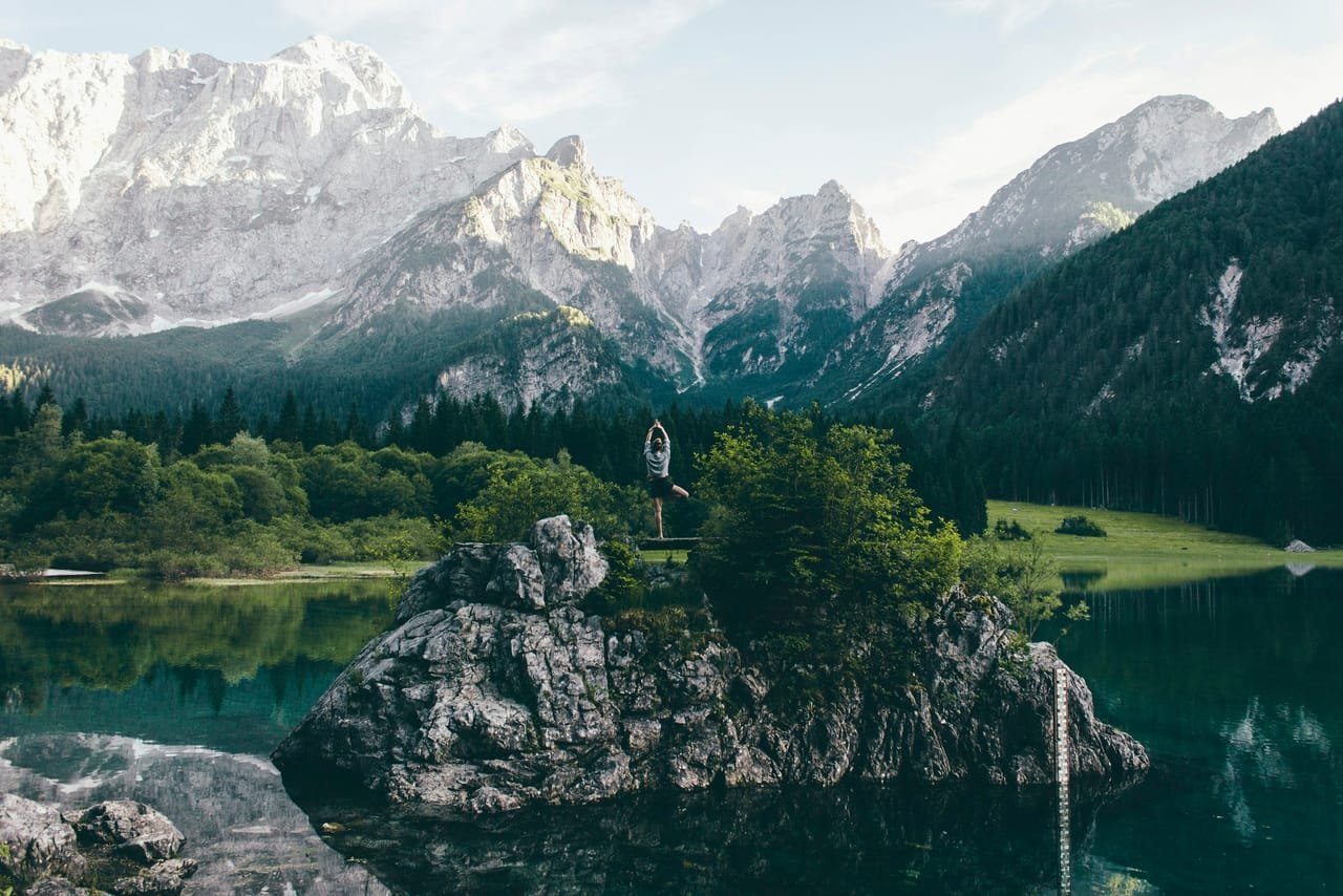 Alpine lake surrounded by mountains